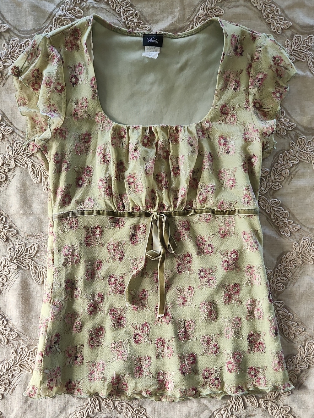 Vanity Light Olive Green Floral Tie-Front Scoop Neck Blouse
